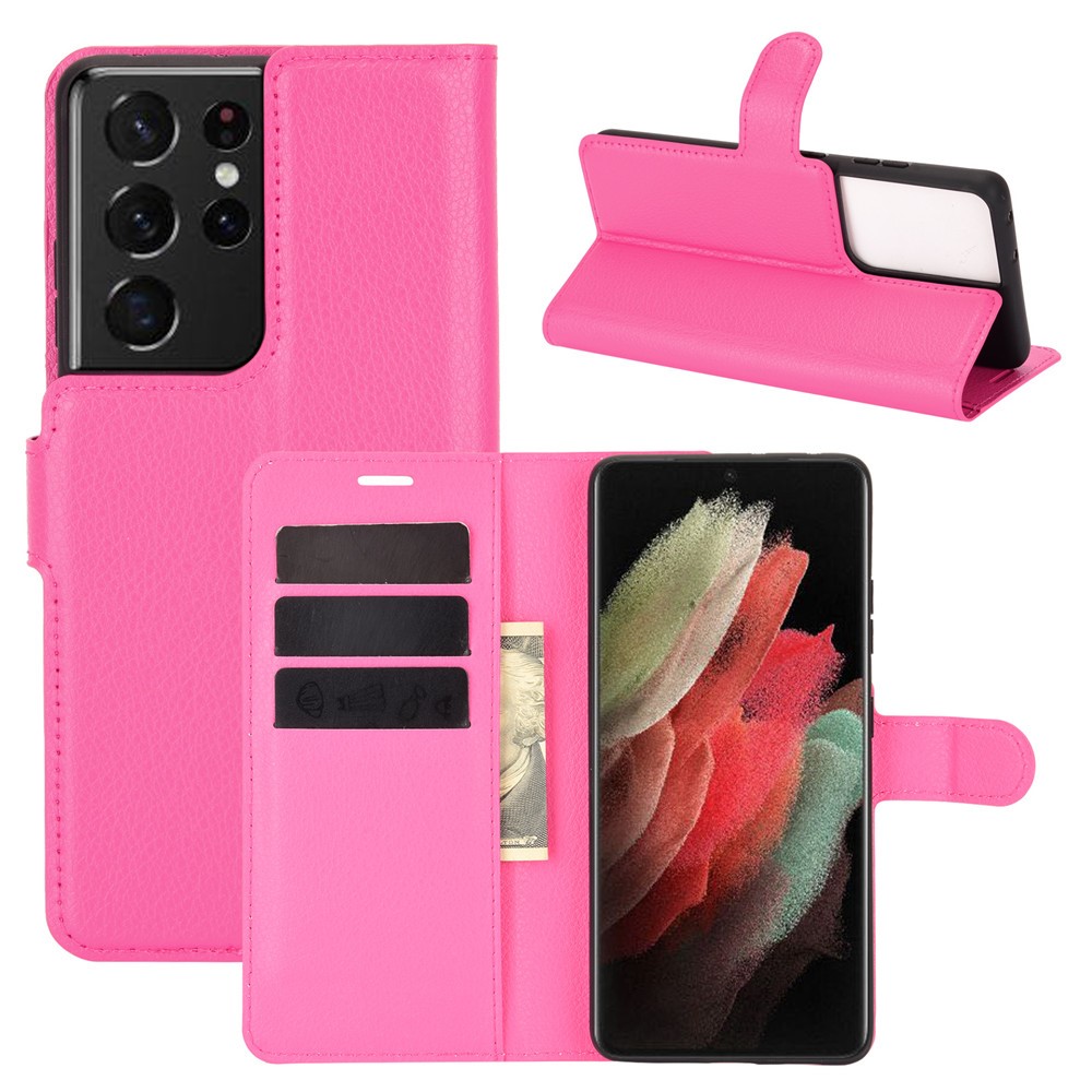 Litchi Texture Leather Phone Protective Cover with Wallet Stand Design for Samsung Galaxy S21 Ultra 5G - Rose-1