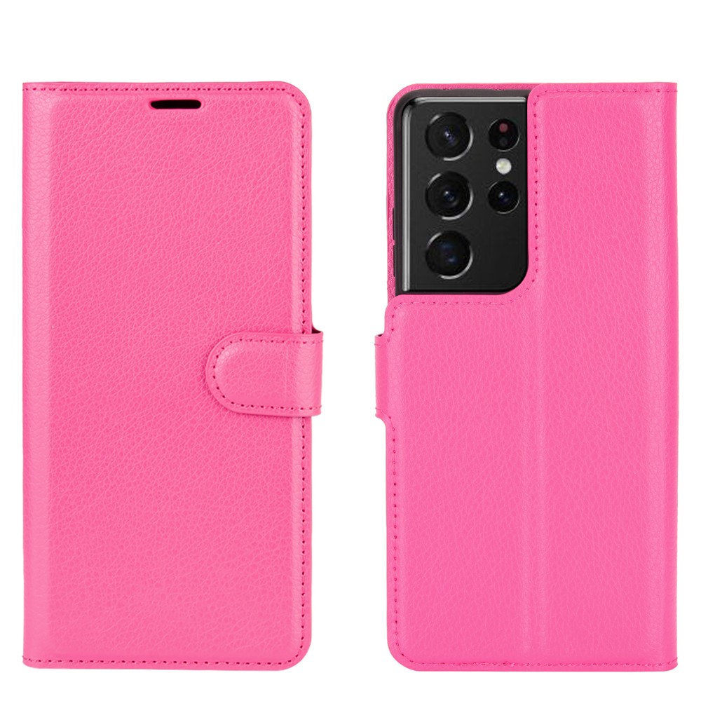 Litchi Texture Leather Phone Protective Cover with Wallet Stand Design for Samsung Galaxy S21 Ultra 5G - Rose-2