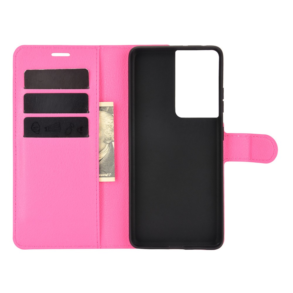Litchi Texture Leather Phone Protective Cover with Wallet Stand Design for Samsung Galaxy S21 Ultra 5G - Rose-3