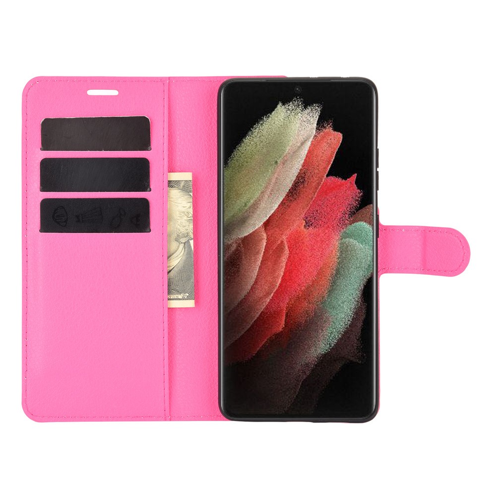 Litchi Texture Leather Phone Protective Cover with Wallet Stand Design for Samsung Galaxy S21 Ultra 5G - Rose-4