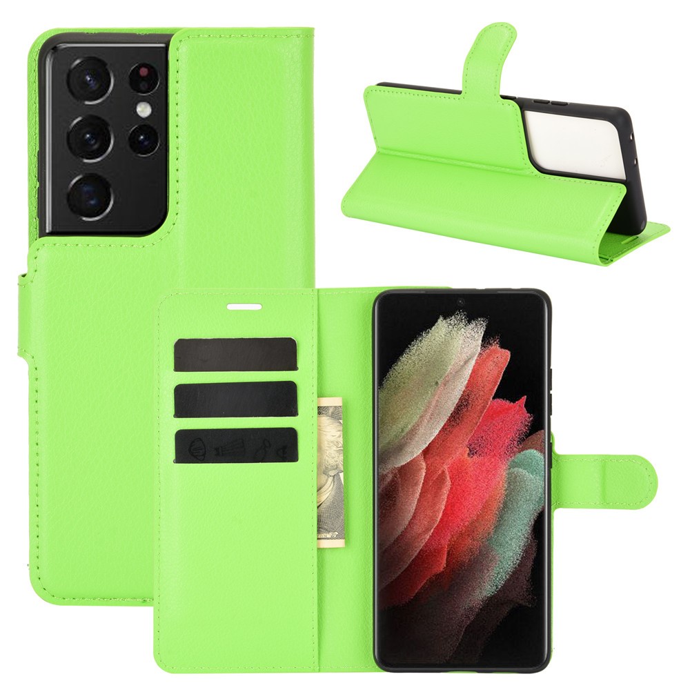 Litchi Texture Leather Phone Protective Cover with Wallet Stand Design for Samsung Galaxy S21 Ultra 5G - Green-1