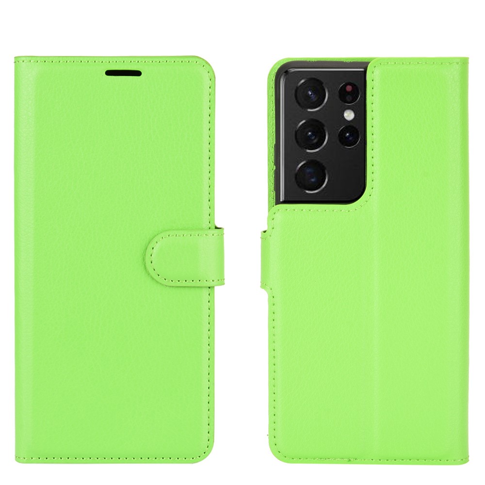 Litchi Texture Leather Phone Protective Cover with Wallet Stand Design for Samsung Galaxy S21 Ultra 5G - Green-2