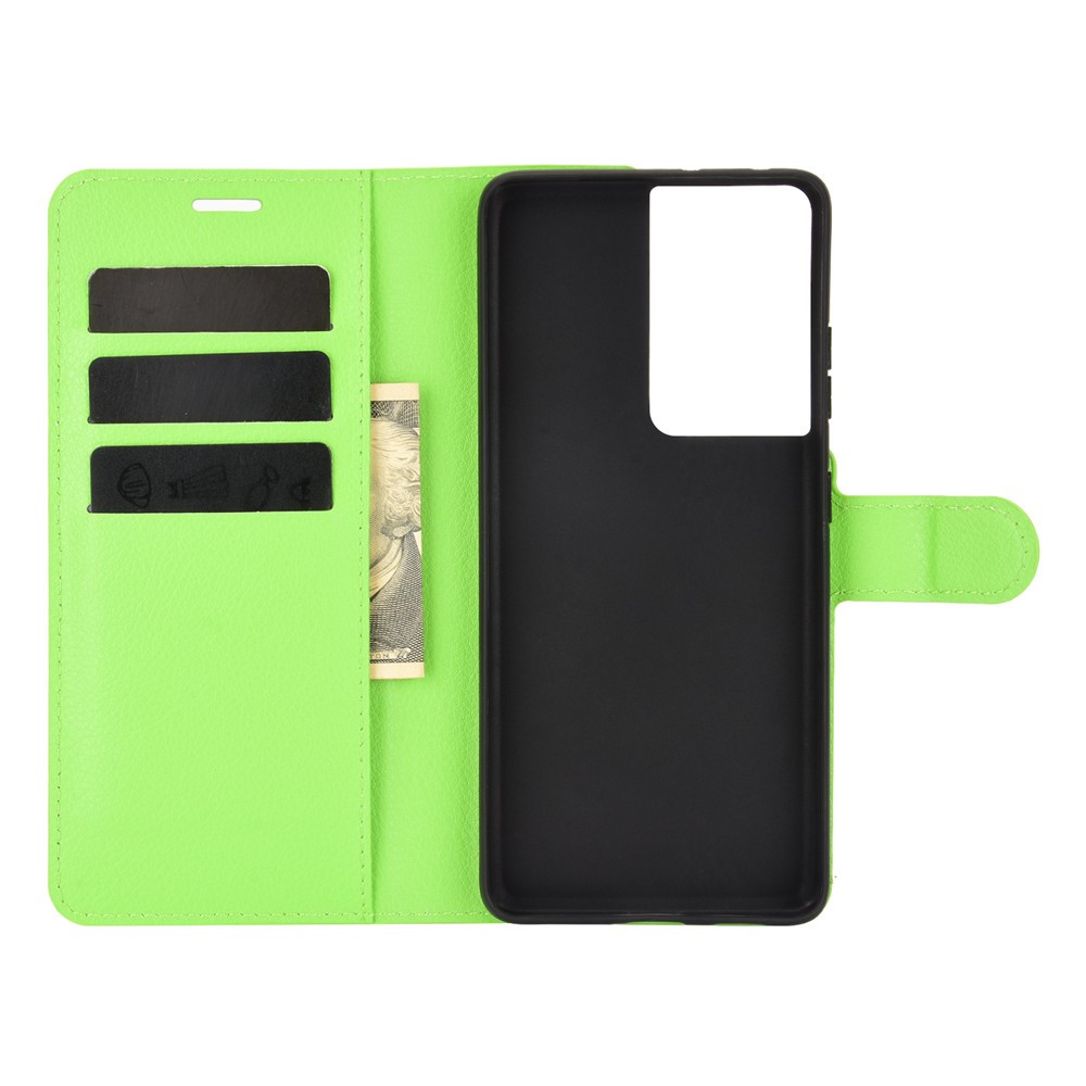 Litchi Texture Leather Phone Protective Cover with Wallet Stand Design for Samsung Galaxy S21 Ultra 5G - Green-3