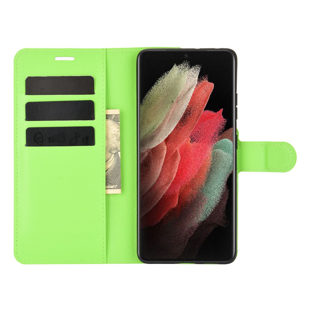 Litchi Texture Leather Phone Protective Cover with Wallet Stand Design for Samsung Galaxy S21 Ultra 5G - Green-4