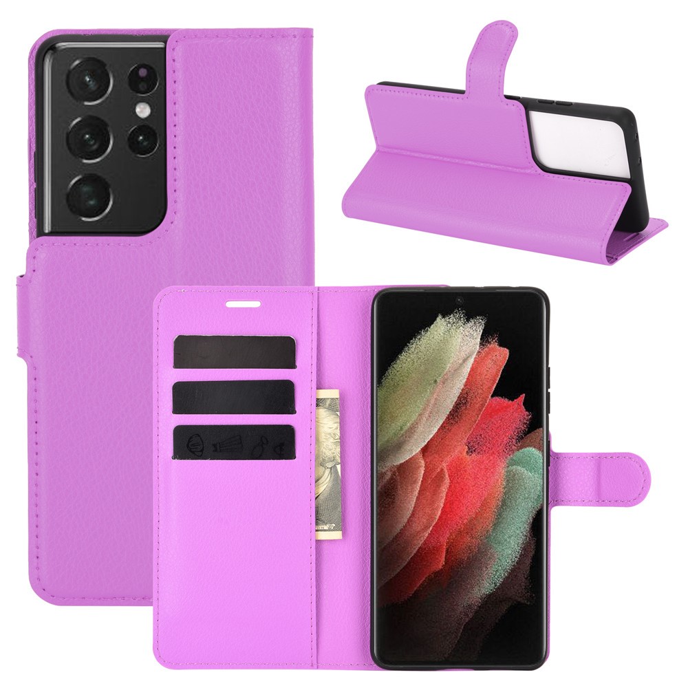 Litchi Texture Leather Phone Protective Cover Con Diseño de Soporte de Billetera Para Samsung Galaxy S21 Ultra 5G - Violeta