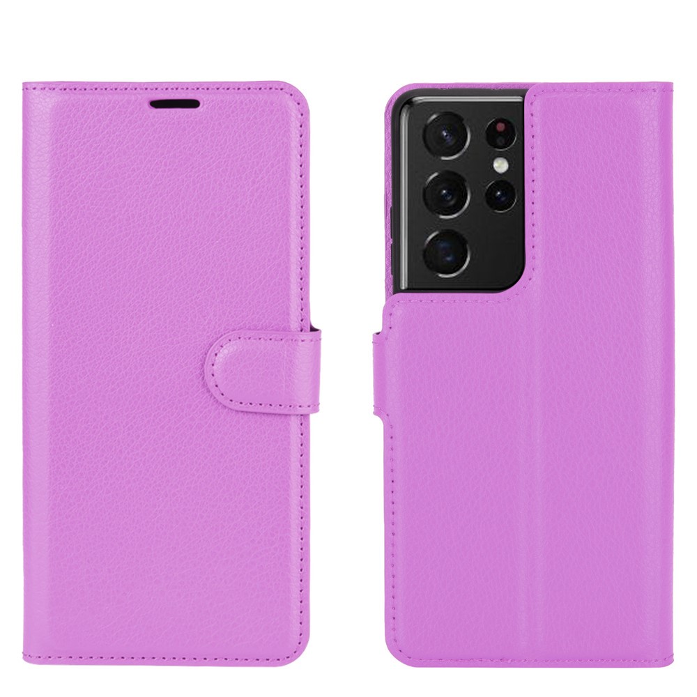 Litchi Texture Leather Phone Protective Cover Con Diseño de Soporte de Billetera Para Samsung Galaxy S21 Ultra 5G - Violeta