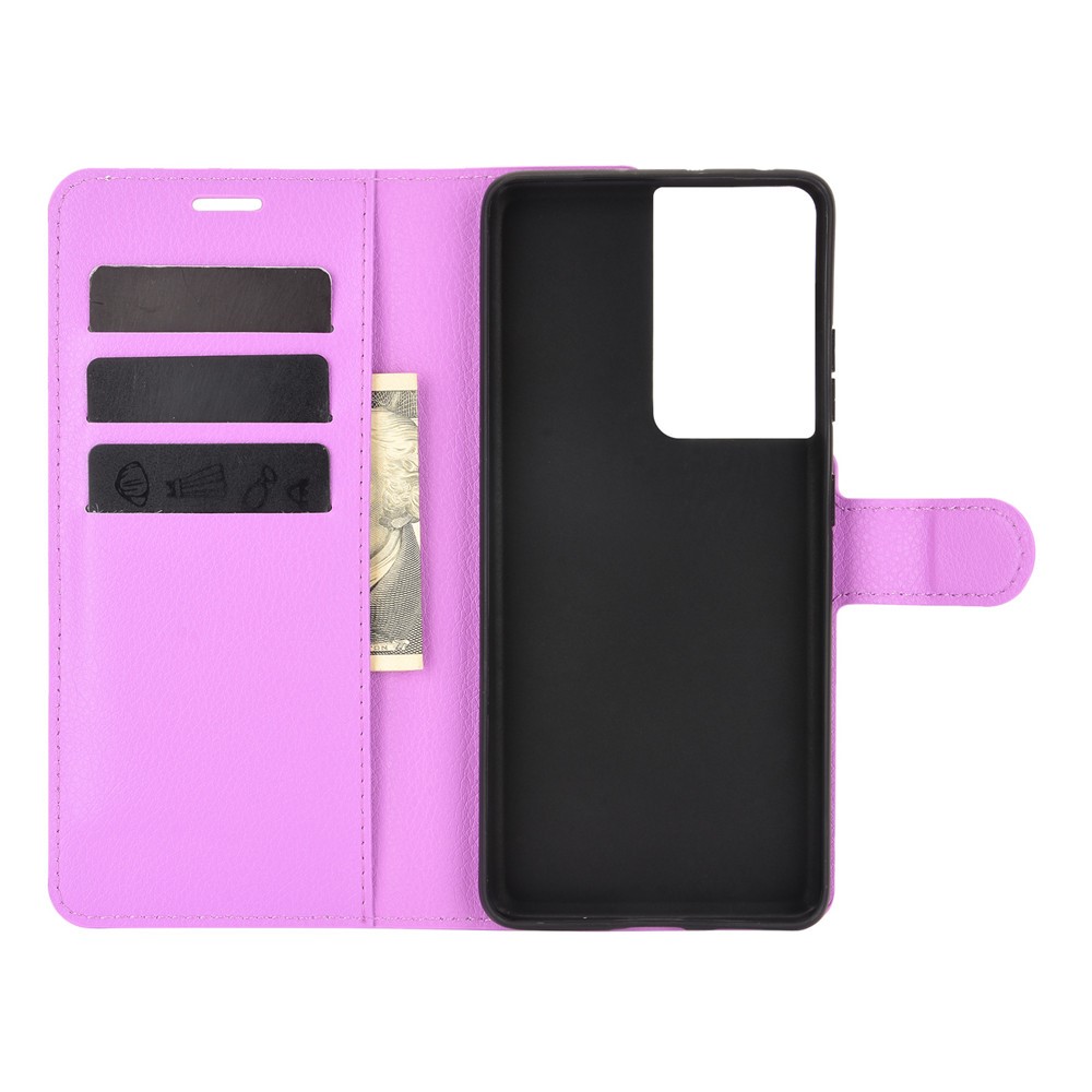 Litchi Texture Leather Phone Protective Cover with Wallet Stand Design for Samsung Galaxy S21 Ultra 5G - Purple-3