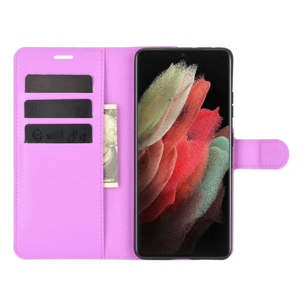 Litchi Texture Leather Phone Protective Cover Con Diseño de Soporte de Billetera Para Samsung Galaxy S21 Ultra 5G - Violeta