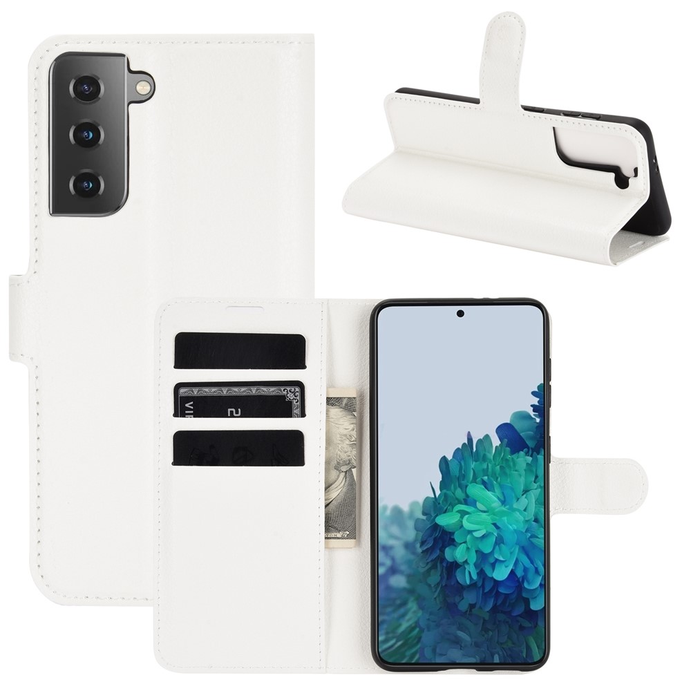 Litchi Texture Leather Phone Protective Cover with Wallet Stand Design for Samsung Galaxy S21+ 5G - White-1