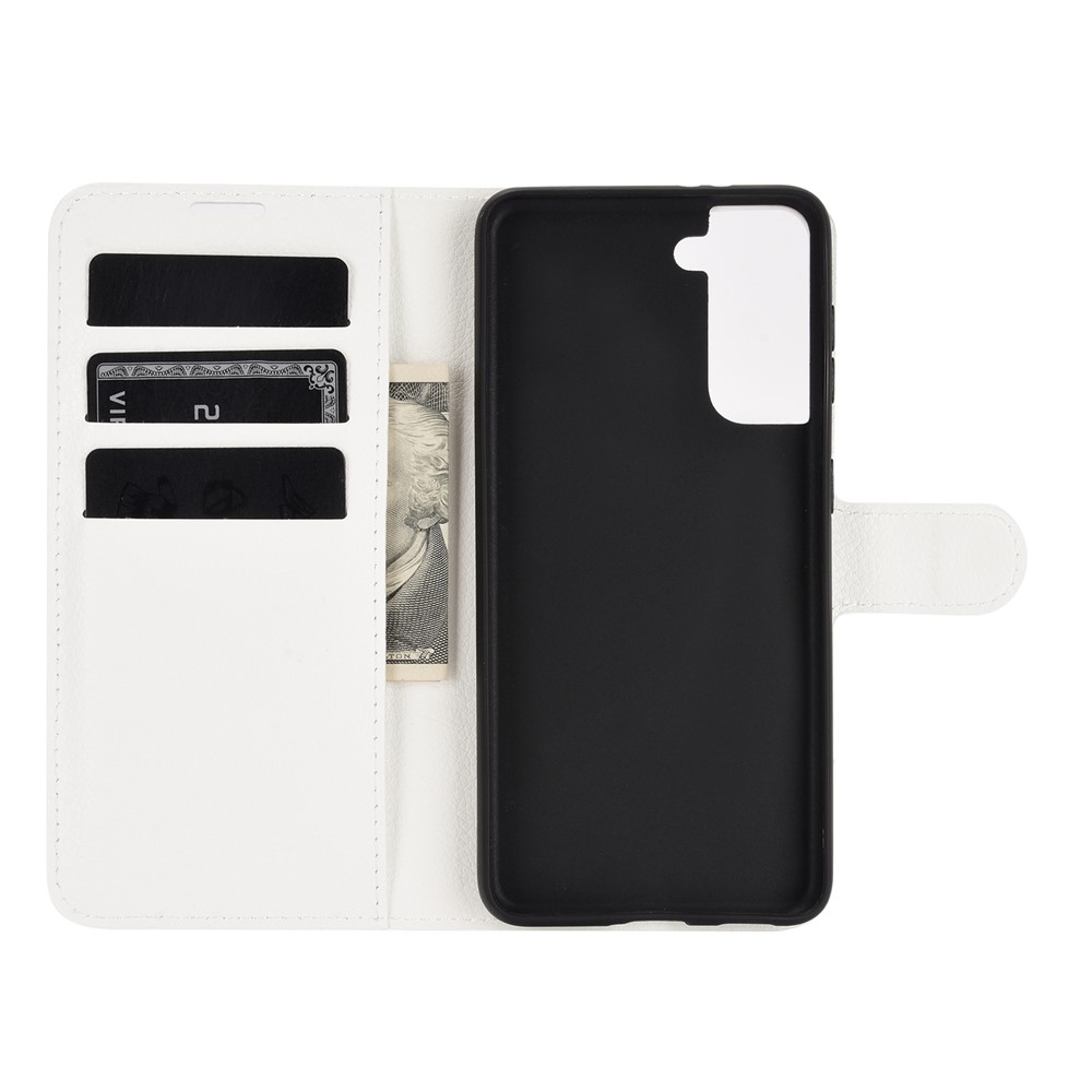 Litchi Texture Leather Phone Protective Cover with Wallet Stand Design for Samsung Galaxy S21+ 5G - White-3