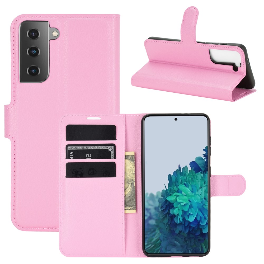 Litchi Texture Leather Phone Protective Cover with Wallet Stand Design for Samsung Galaxy S21+ - Pink-1