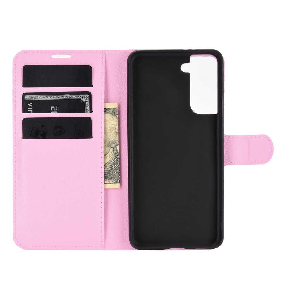 Litchi Texture Leather Phone Protective Cover with Wallet Stand Design for Samsung Galaxy S21+ - Pink-3