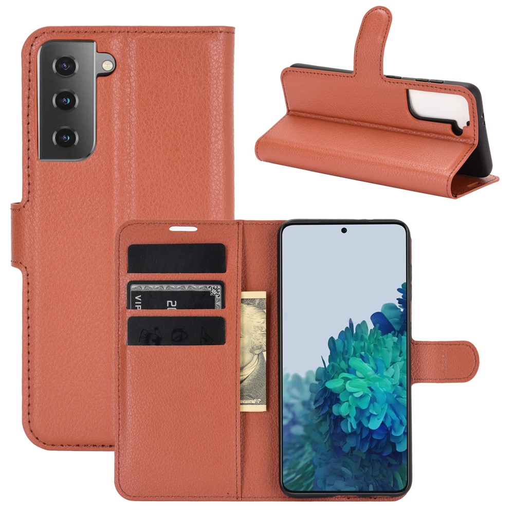 Litchi Texture Leather Phone Protective Cover with Wallet Stand Design for Samsung Galaxy S21+ 5G - Brown-1