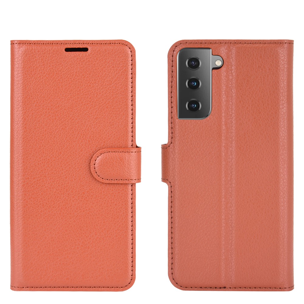 Capa Protetora De Telefone De Couro De Textura De Litchi Com Carteira Projeto De Suporte Para Samsung Galaxy S21 + 5G - Castanho