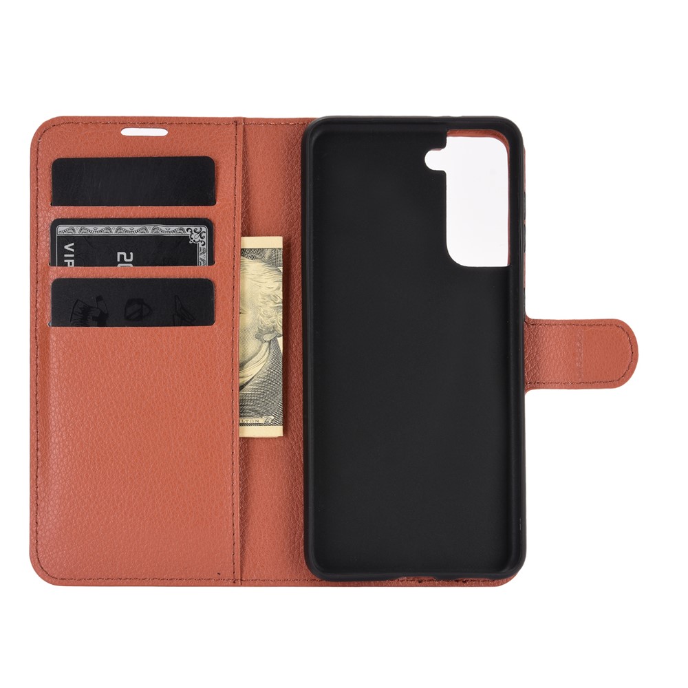 Litchi Texture Leather Phone Protective Cover with Wallet Stand Design for Samsung Galaxy S21+ 5G - Brown-3