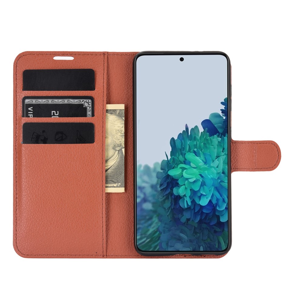 Litchi Texture Leather Phone Protective Cover with Wallet Stand Design for Samsung Galaxy S21+ 5G - Brown-4