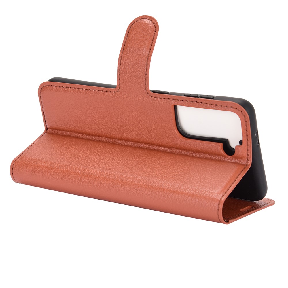 Litchi Texture Leather Phone Protective Cover with Wallet Stand Design for Samsung Galaxy S21+ 5G - Brown-5