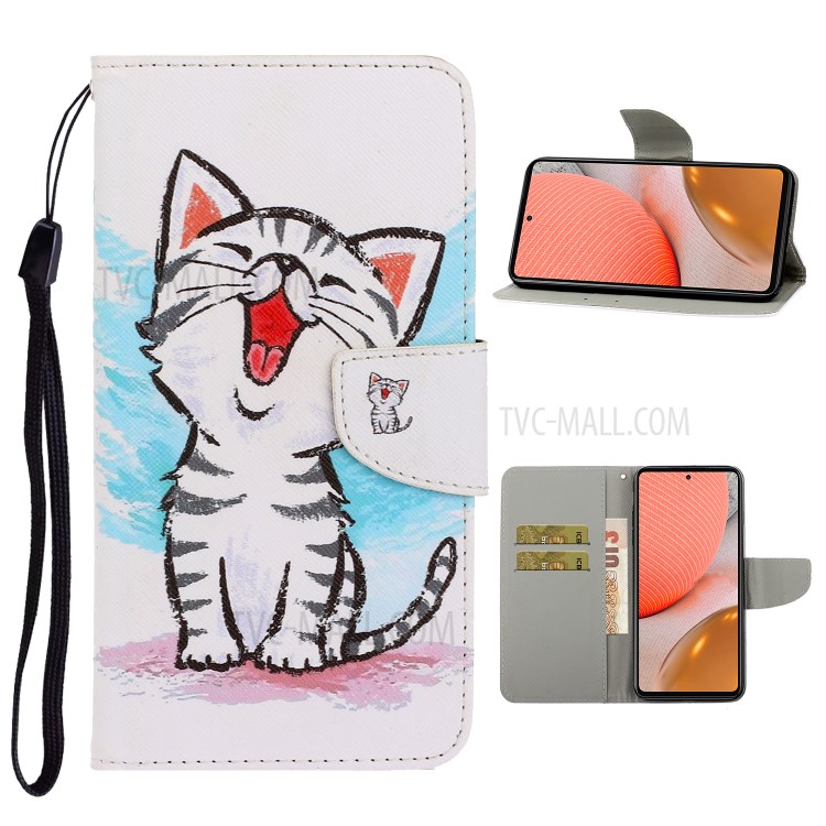 TPU + PU Leather Wallet Stand Phone Case with Lanyard for Samsung Galaxy A72 5G - Cute Cat-1