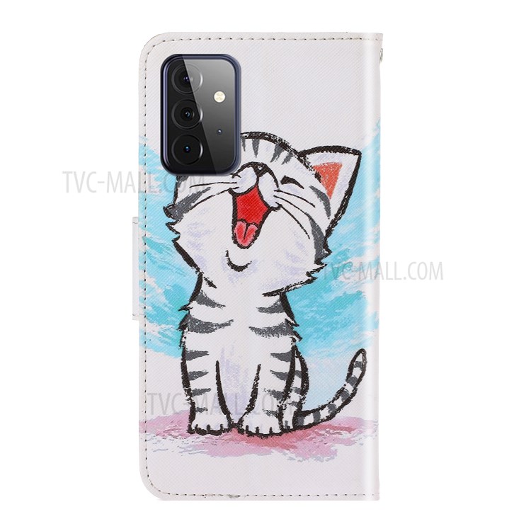 TPU + PU Leather Wallet Stand Phone Case with Lanyard for Samsung Galaxy A72 5G - Cute Cat-3