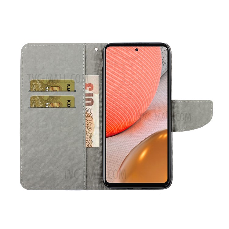 TPU + PU Leather Wallet Stand Phone Case with Lanyard for Samsung Galaxy A72 5G - Cute Cat-7
