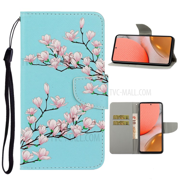 TPU + PU Leather Wallet Stand Phone Case with Lanyard for Samsung Galaxy A72 5G - Pink Flower-1