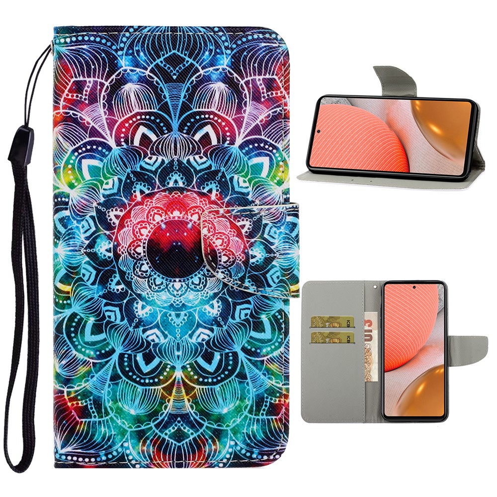 TPU + PU Leather Wallet Stand Phone Case with Lanyard for Samsung Galaxy A72 5G - Mandala Flower-1
