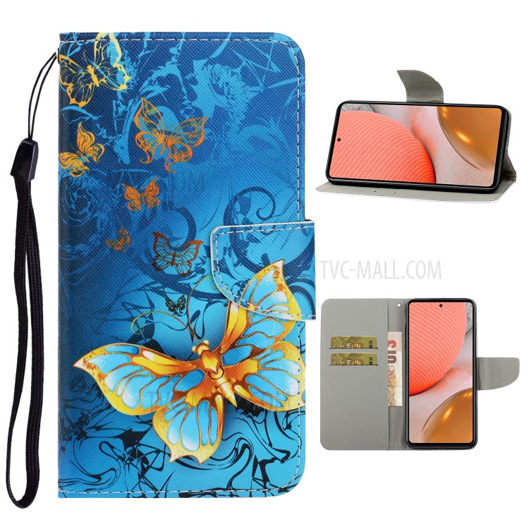 TPU + PU Leather Wallet Stand Phone Case with Lanyard for Samsung Galaxy A72 5G - Blue Butterfly-1
