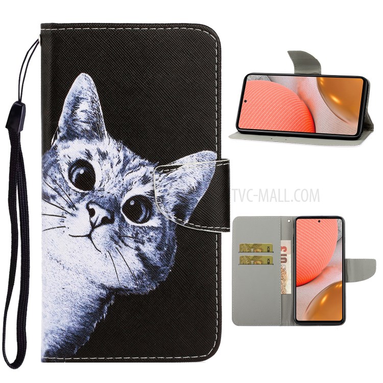 TPU + PU Leather Wallet Stand Phone Case with Lanyard for Samsung Galaxy A72 5G / A72 4G - Little Cat-1