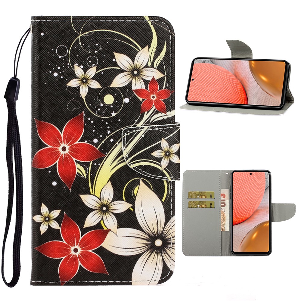 TPU + PU Leather Wallet Stand Phone Case with Lanyard for Samsung Galaxy A72 5G - Flower-1