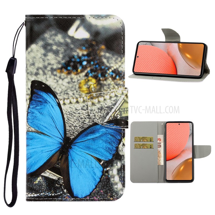 TPU + PU Leather Wallet Stand Phone Case with Lanyard for Samsung Galaxy A72 5G / A72 4G - Big Blue Butterfly-1