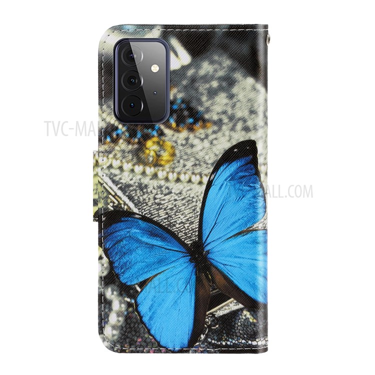 TPU + PU Leather Wallet Stand Phone Case with Lanyard for Samsung Galaxy A72 5G / A72 4G - Big Blue Butterfly-3