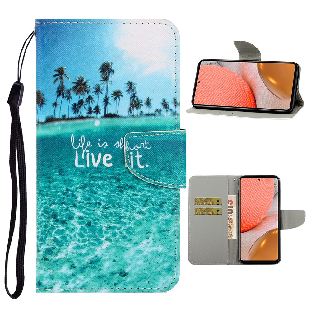 TPU + PU Leather Wallet Stand Phone Case with Lanyard for Samsung Galaxy A72 5G - Life is That Live It-1