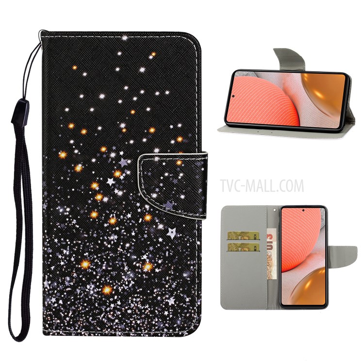 TPU + PU Leather Wallet Stand Phone Case with Lanyard for Samsung Galaxy A72 5G - Star-1