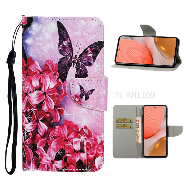 TPU + PU Leather Wallet Stand Phone Case with Lanyard for Samsung Galaxy A72 5G - Red Flower and Butterfly-1