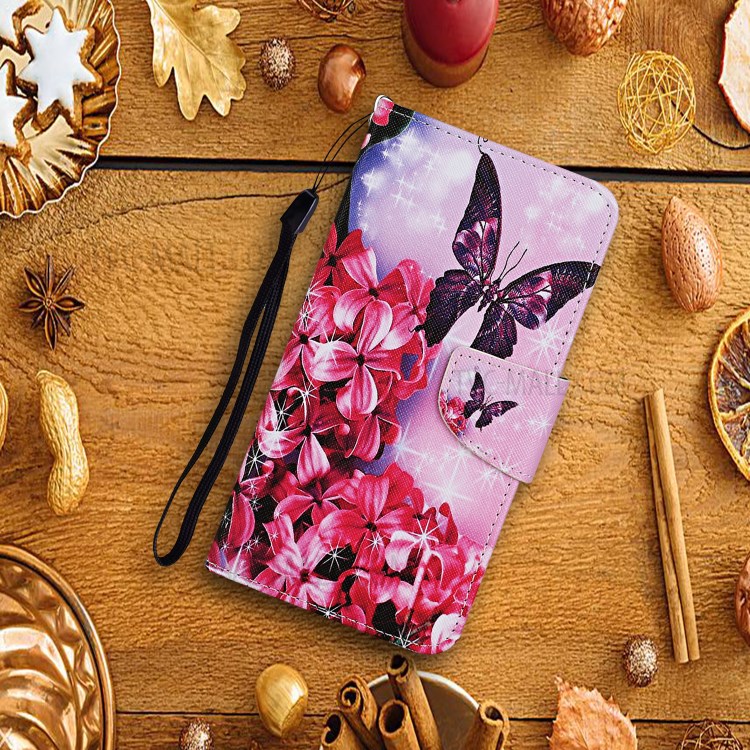 TPU + PU Leather Wallet Stand Phone Case with Lanyard for Samsung Galaxy A72 5G - Red Flower and Butterfly-8