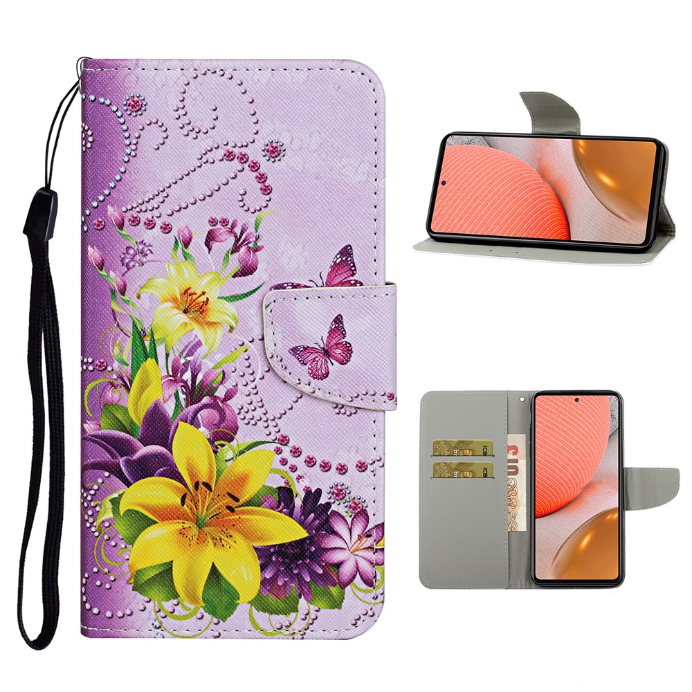 TPU + PU Leather Wallet Stand Phone Case with Lanyard for Samsung Galaxy A72 5G - Yellow Flower-1