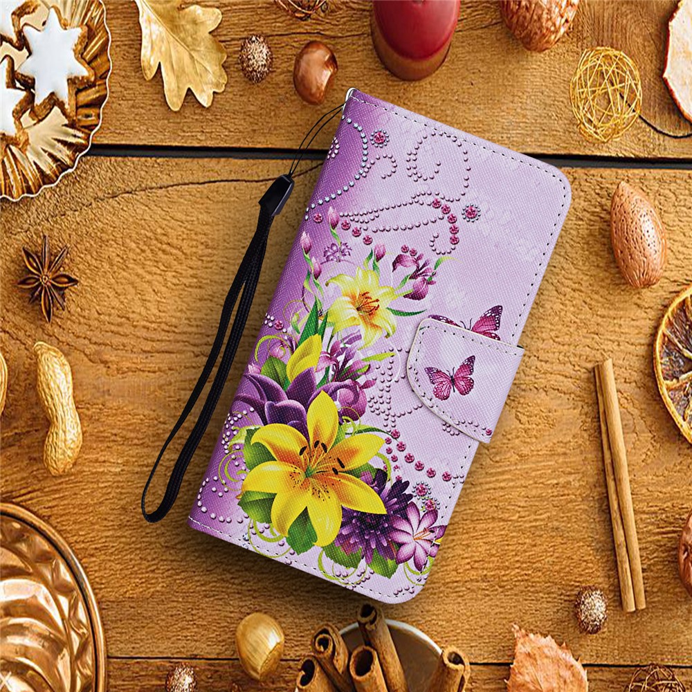TPU + PU Leather Wallet Stand Phone Case with Lanyard for Samsung Galaxy A72 5G - Yellow Flower-8