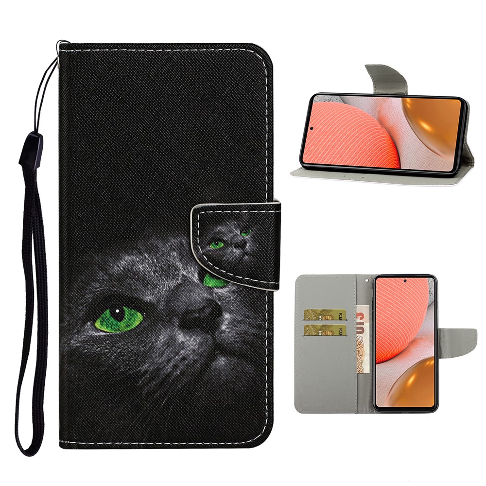 TPU + PU Leather Wallet Stand Phone Case with Lanyard for Samsung Galaxy A72 5G - Black Cat-1