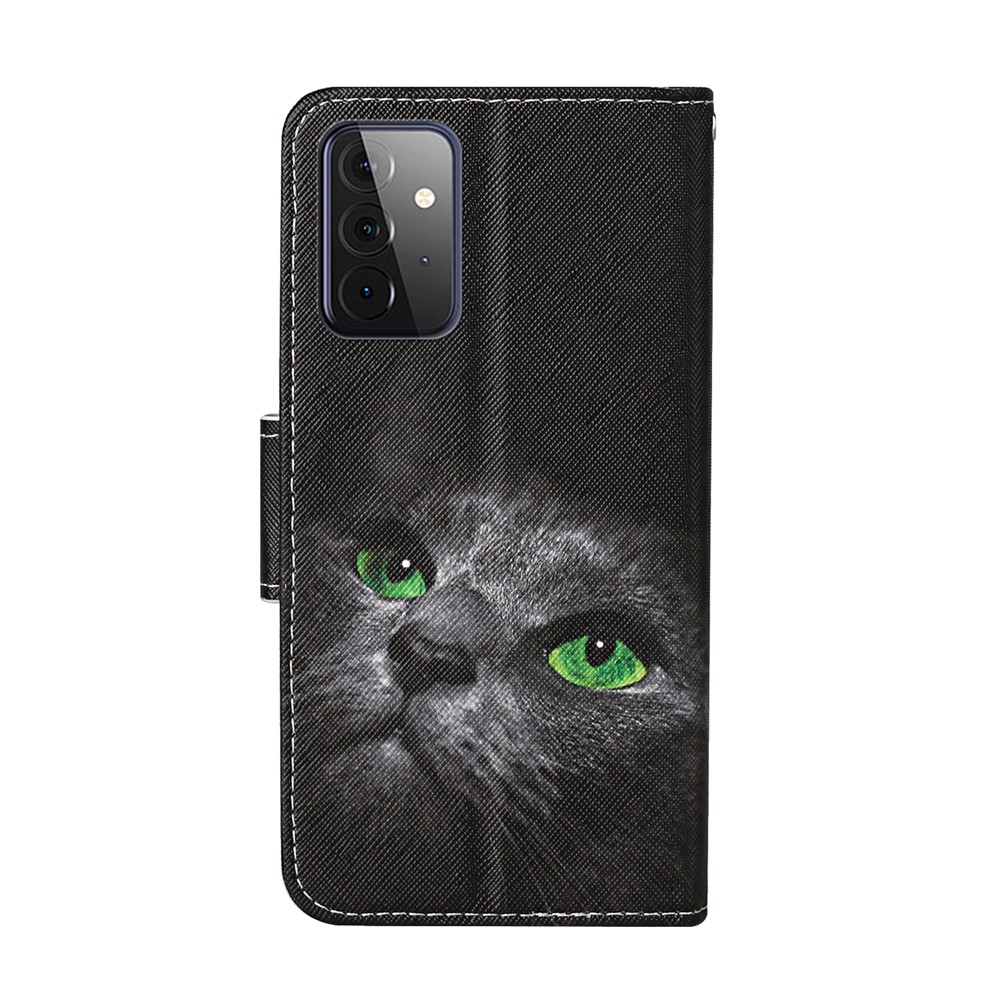 TPU + PU Leather Wallet Stand Phone Case with Lanyard for Samsung Galaxy A72 5G - Black Cat-3