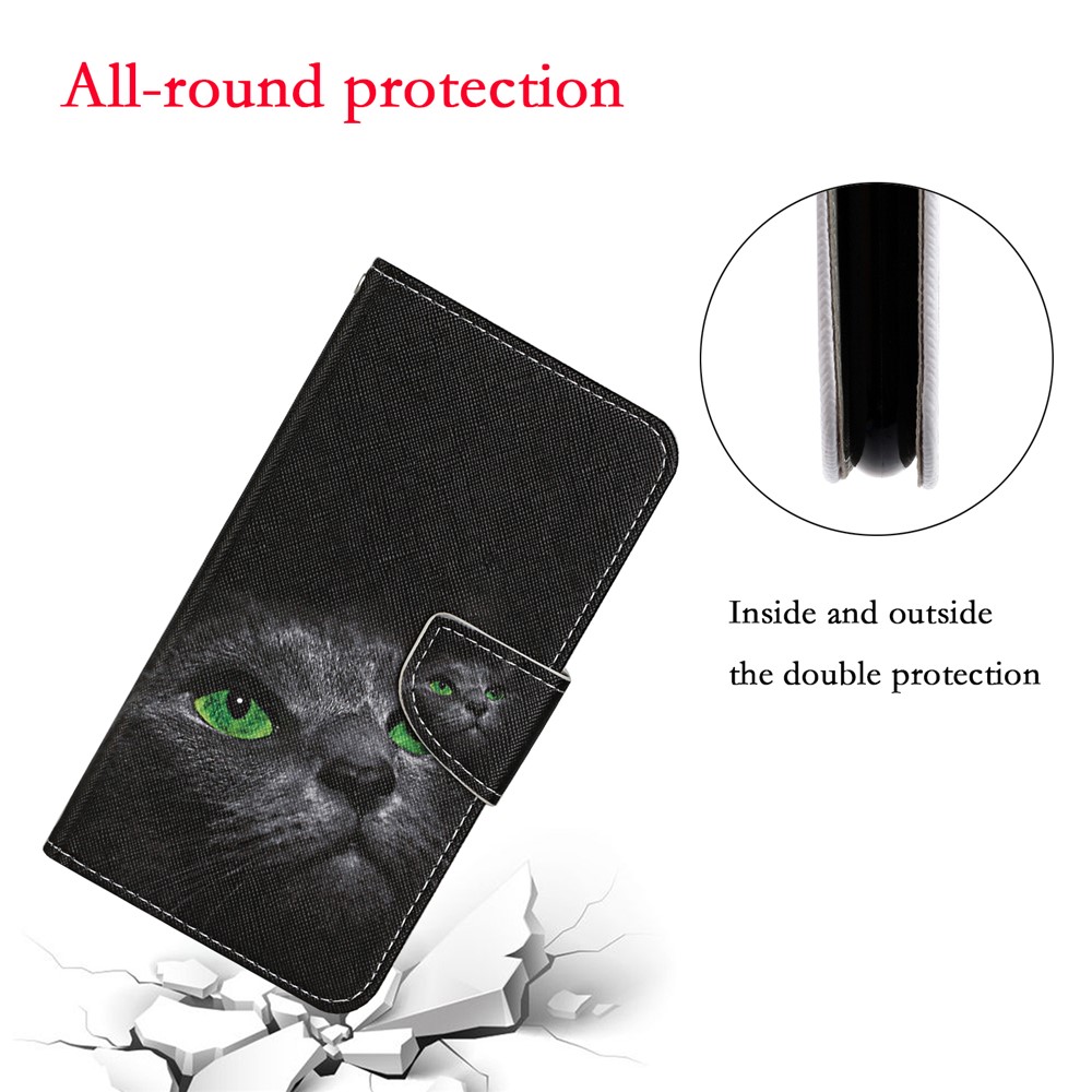 TPU + PU Leather Wallet Stand Phone Case with Lanyard for Samsung Galaxy A72 5G - Black Cat-5
