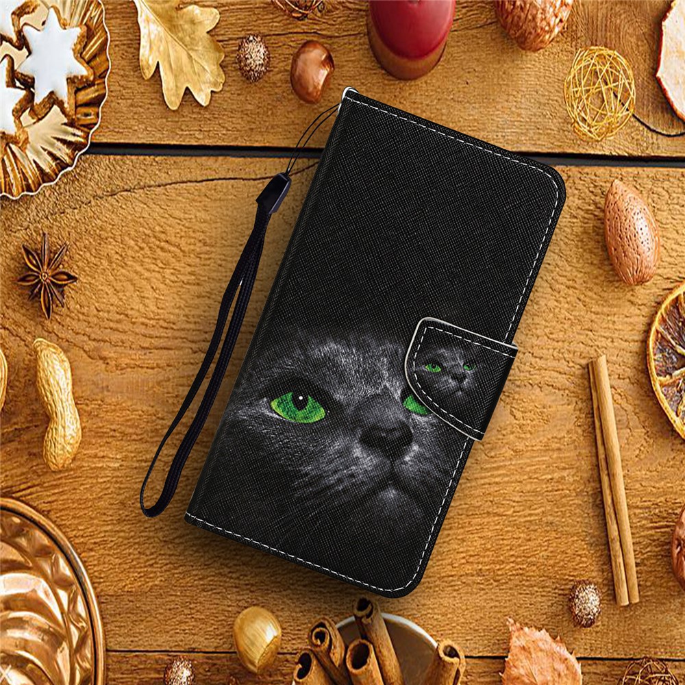 TPU + PU Leather Wallet Stand Phone Case with Lanyard for Samsung Galaxy A72 5G - Black Cat-8