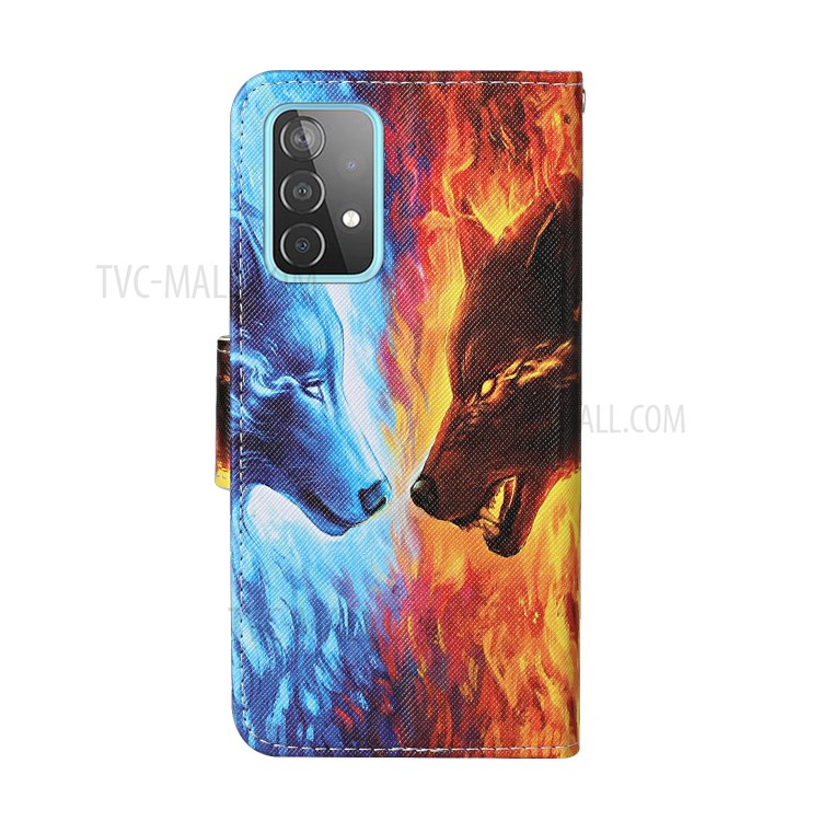 Pattern Printing TPU + PU Leather Wallet Stand Phone Case with Lanyard for Samsung Galaxy A52 5G - Wolf-3