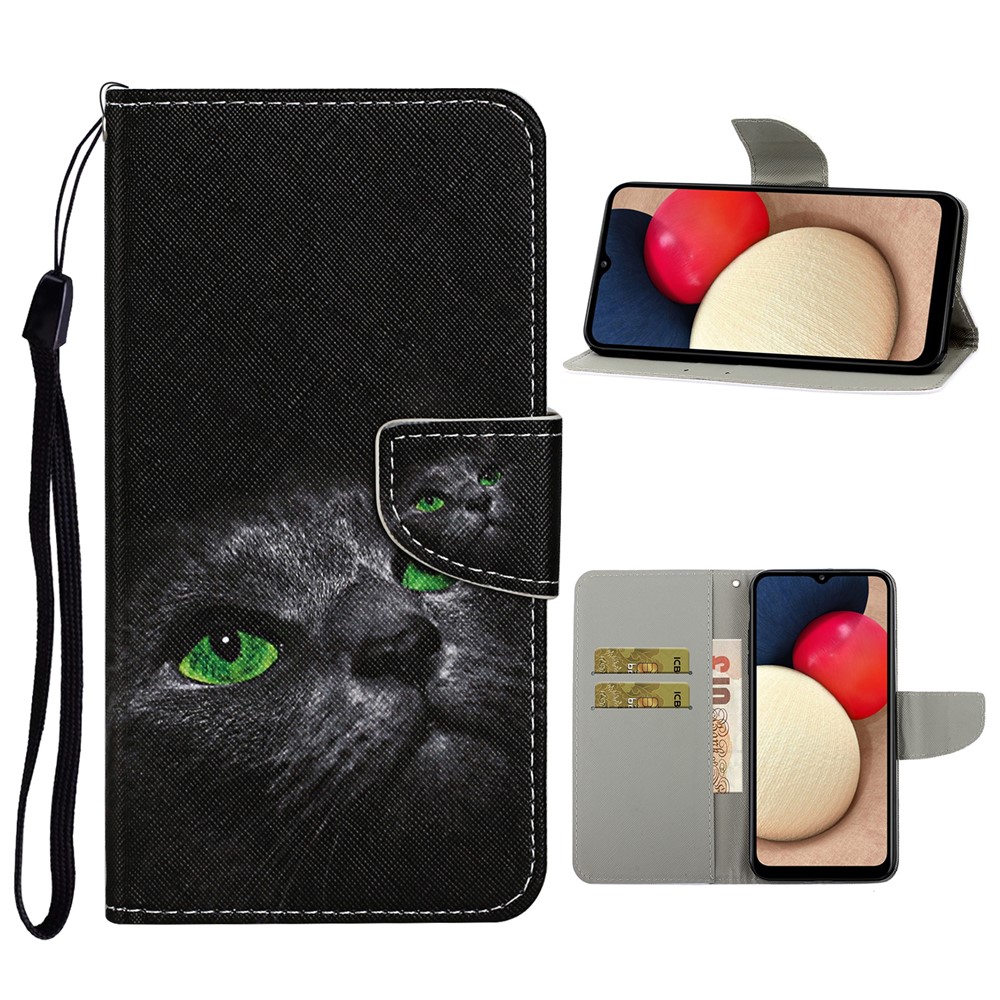 Pattern Printing TPU + PU Leather Wallet Stand Phone Case with Lanyard for Samsung Galaxy A52 5G - Black Cat-1