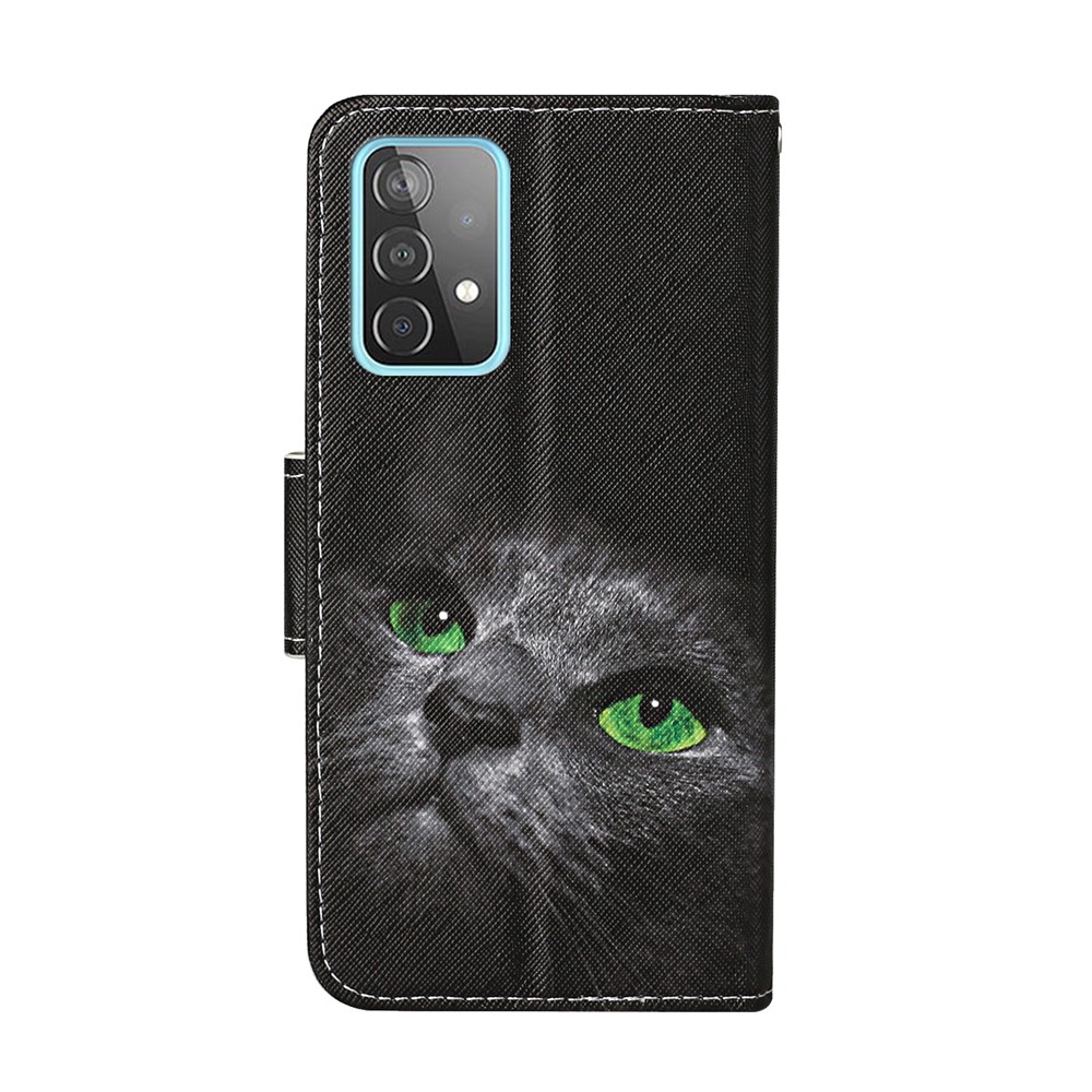 Pattern Printing TPU + PU Leather Wallet Stand Phone Case with Lanyard for Samsung Galaxy A52 5G - Black Cat-3