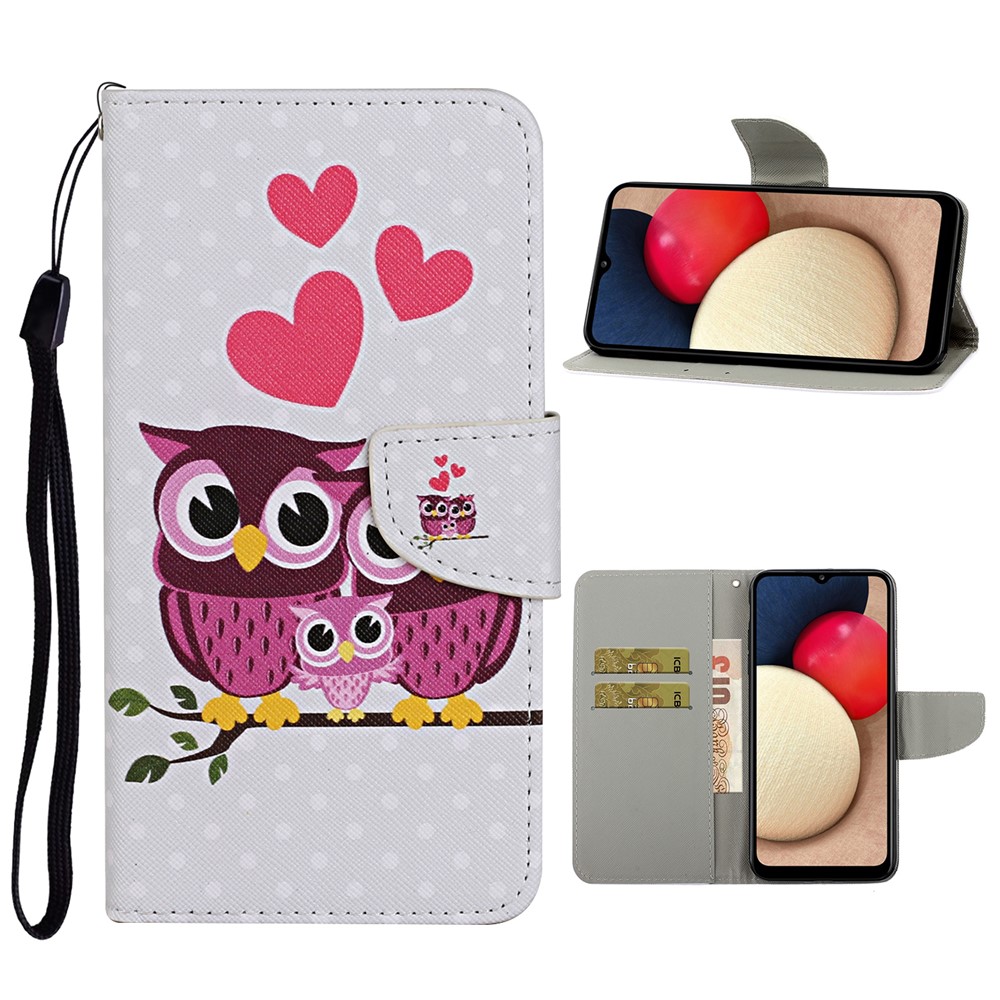 Pattern Printing TPU + PU Leather Wallet Stand Phone Case with Lanyard for Samsung Galaxy A52 5G - Owl and Heart-1