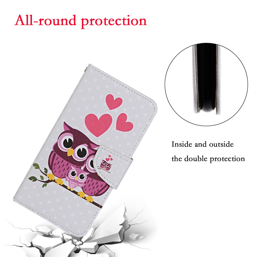 Pattern Printing TPU + PU Leather Wallet Stand Phone Case with Lanyard for Samsung Galaxy A52 5G - Owl and Heart-5