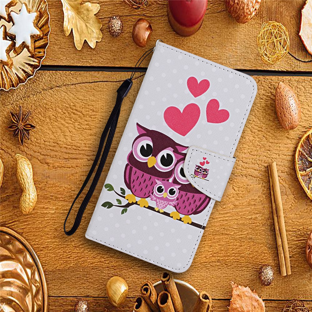 Pattern Printing TPU + PU Leather Wallet Stand Phone Case with Lanyard for Samsung Galaxy A52 4G/5G / A52s 5G - Owl and Heart-6