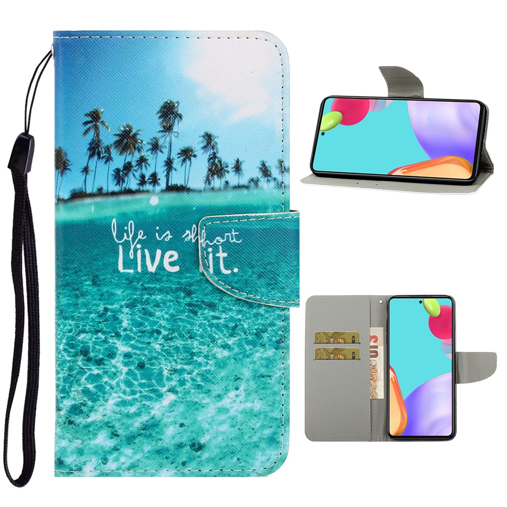 TPU + PU Leather Wallet Stand Phone Case with Lanyard for Samsung Galaxy A52 5G - Life is That Live It-1