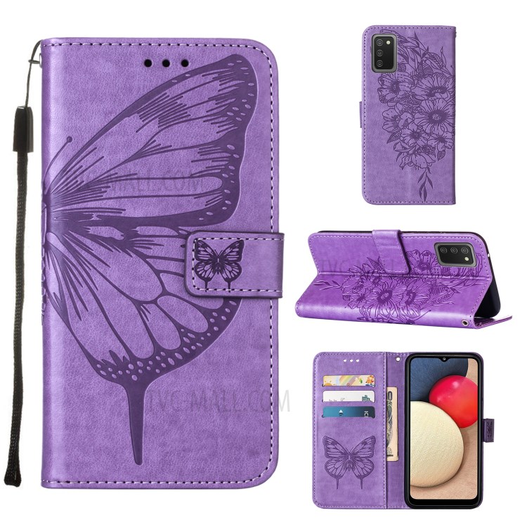 Imprint Butterfly Flower Pattern Wallet Stand Leather Case for Samsung Galaxy A02s (EU Version) - Purple-1