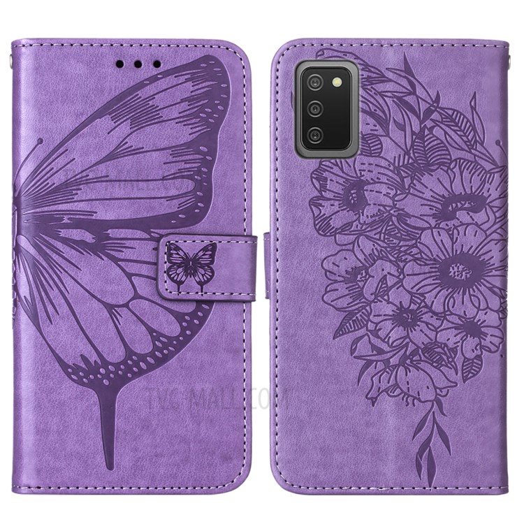 Imprint Butterfly Flower Pattern Wallet Stand Leather Case for Samsung Galaxy A02s (EU Version) - Purple-3
